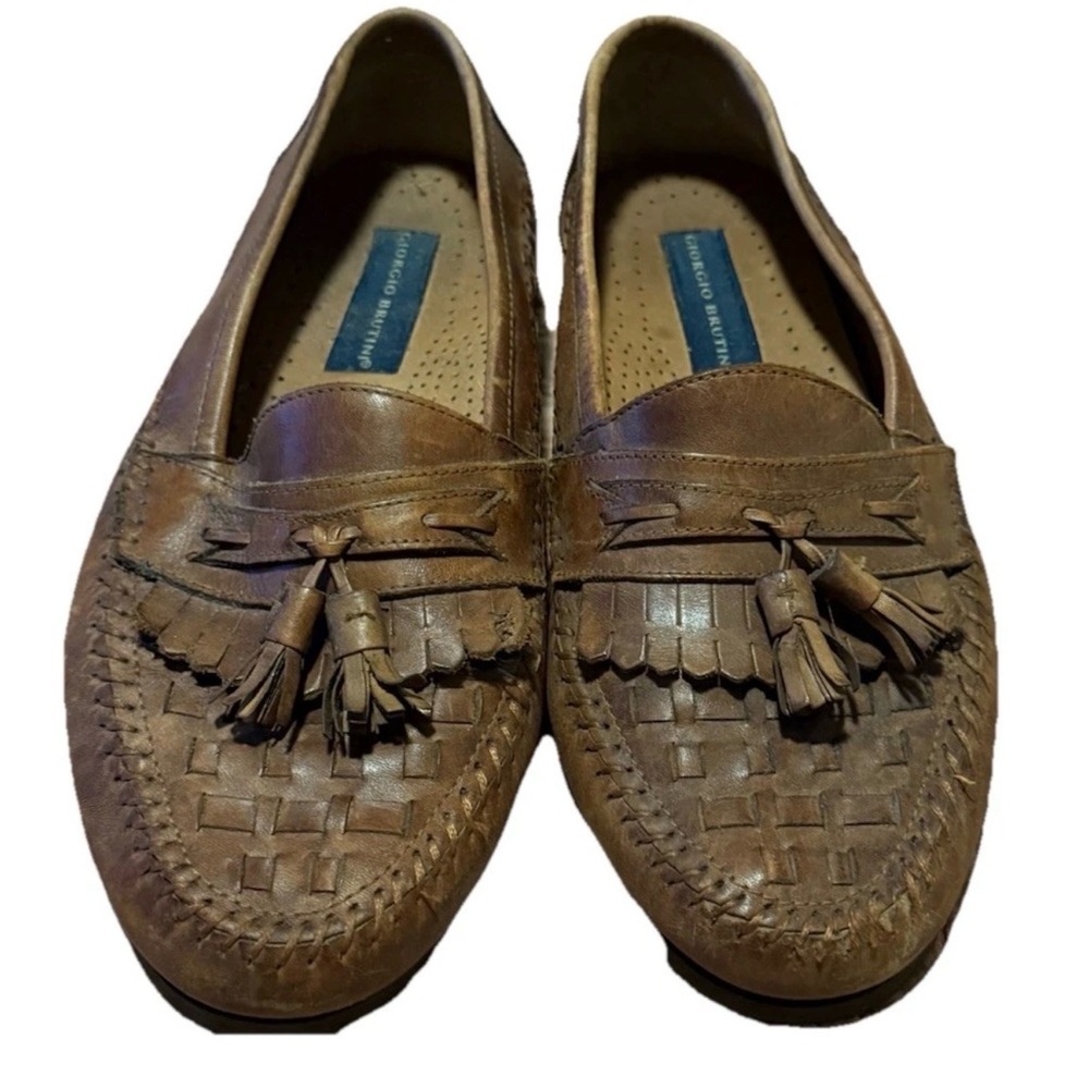 Giorgio Brutini Mens 8 Brown Leather Tassel Weave Loafers Shoes Classy Quality